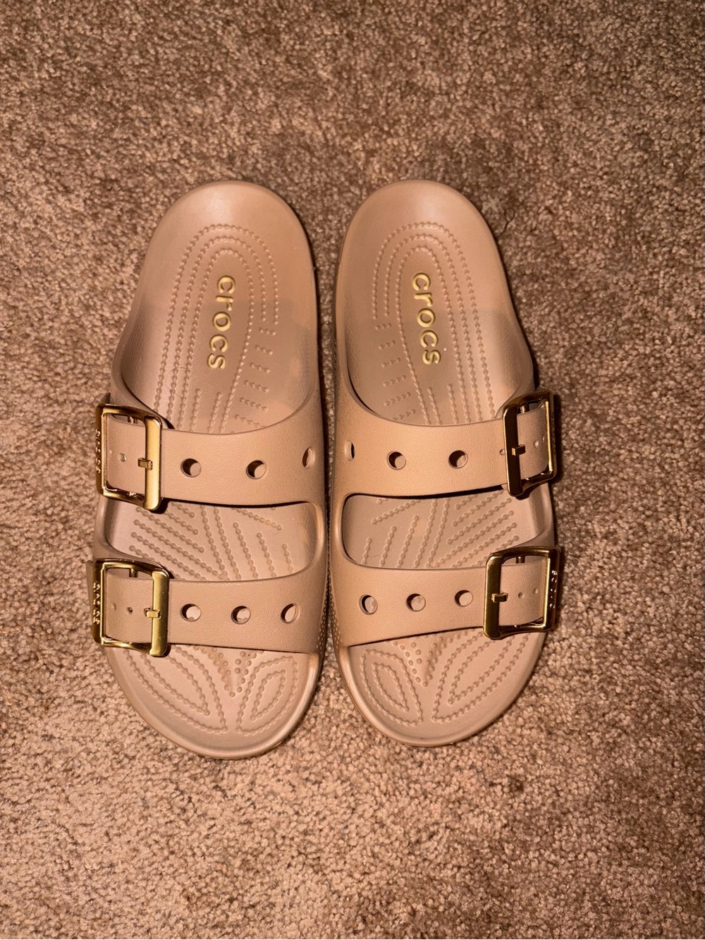 CROCS Kids Double Buckle Slide Sandals in Tan with Gold Buckles